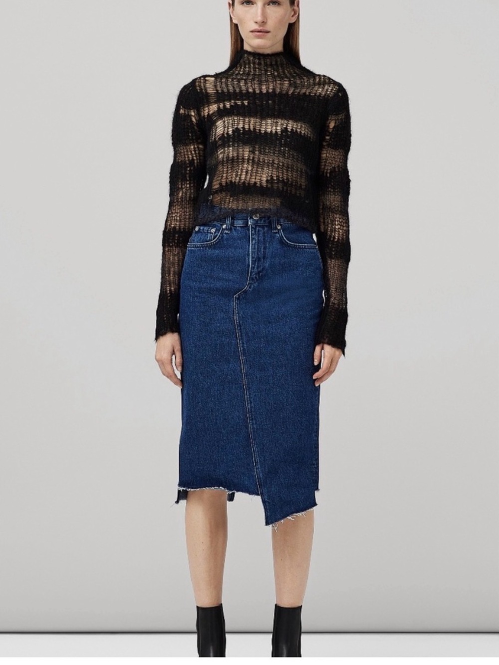 Rag & Bone Sukato Denim Midi Skirt 29 Asym Raw Hem Model Off Duty